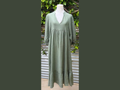 v-neck dolma sleeve long linen dress (one size)