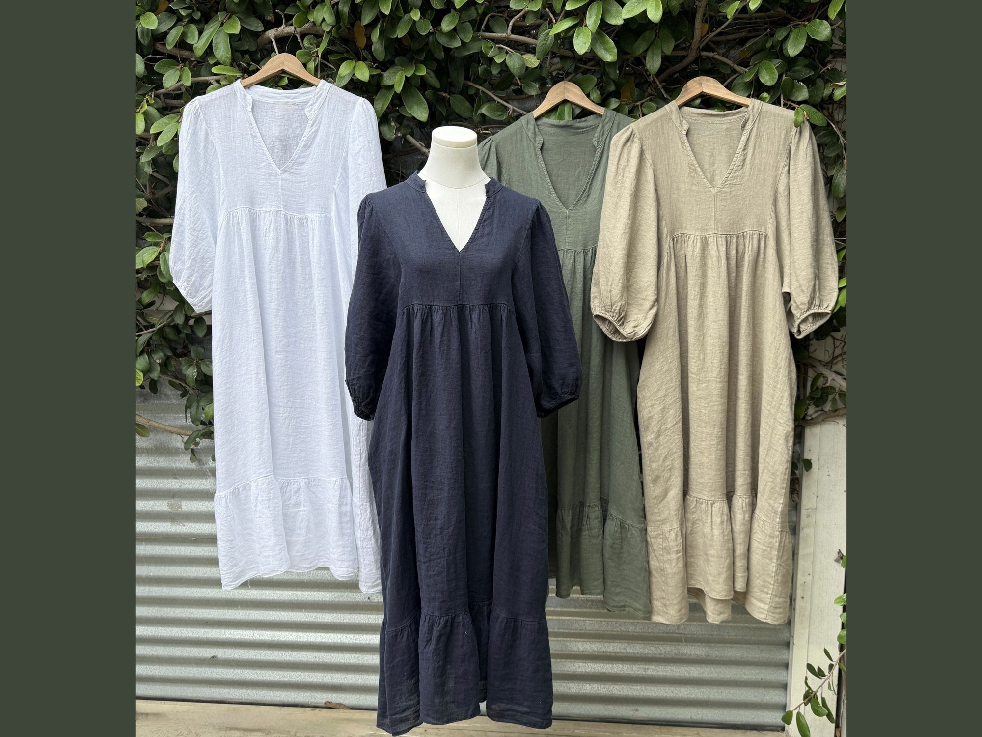 v-neck dolma sleeve long linen dress (one size)