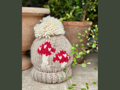 hand knit mushroom beanie pebble
