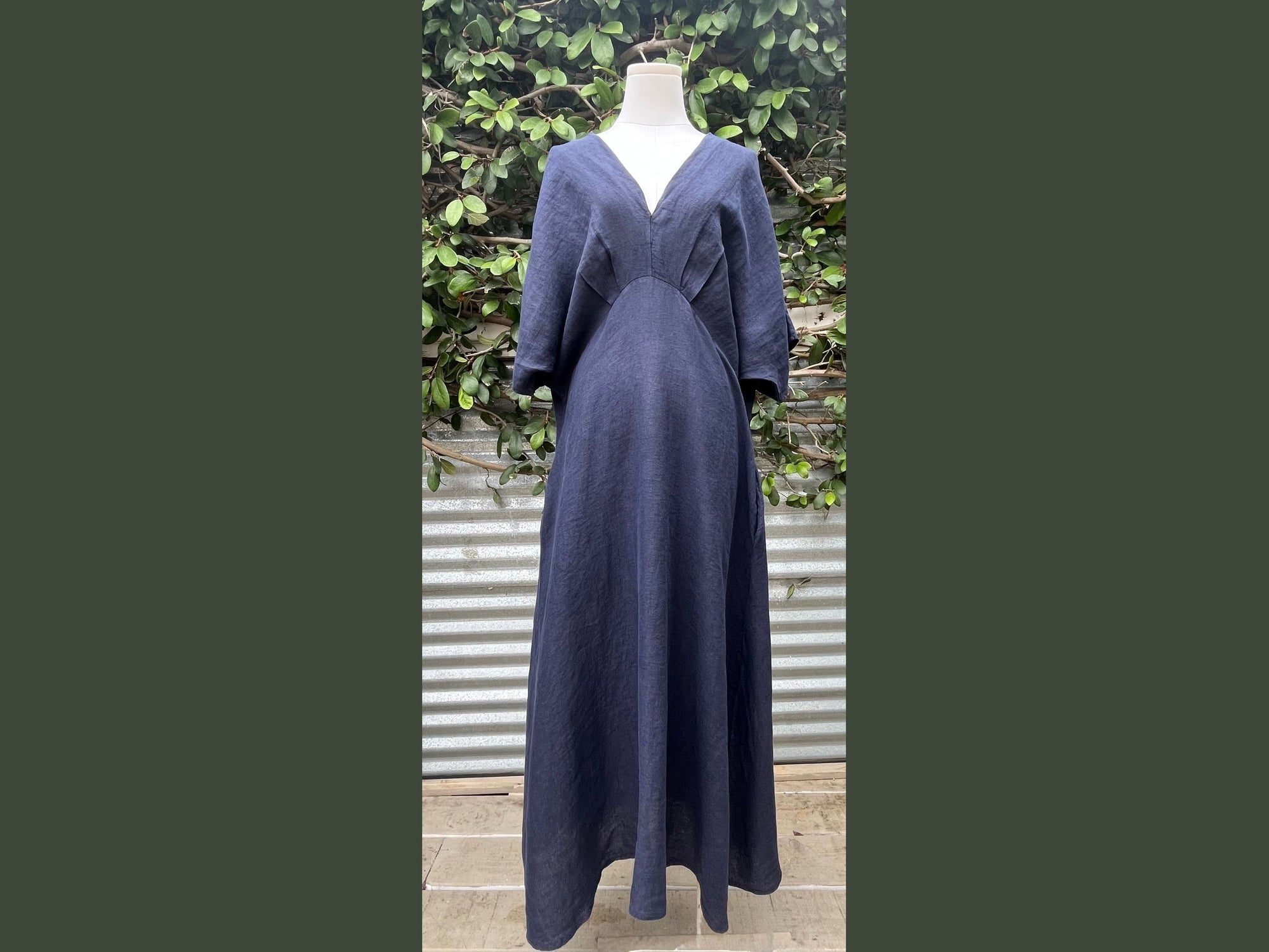 short sleeve v-neck linen long dress (one size)
