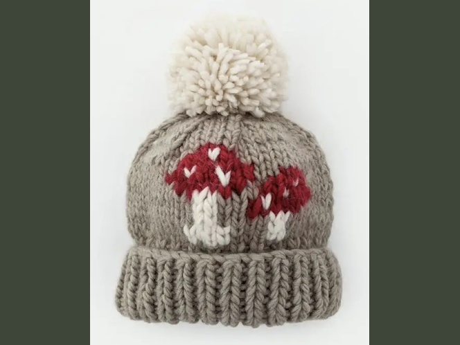 hand knit mushroom beanie pebble